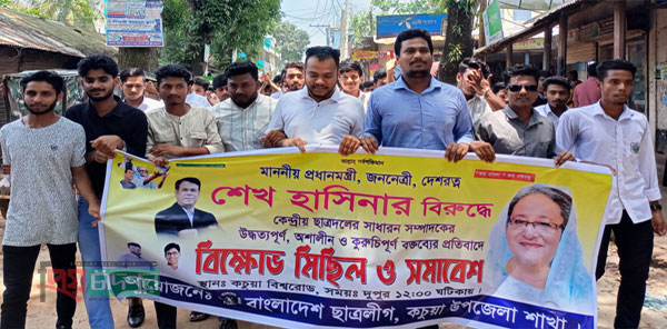 কেন্দ্রীয় ছাত্রদলের সম্পাদকের কুরুচিপূর্ণ বক্তব্যের প্রতিবাদে কচুয়ায় ছাত্রলীগের বিক্ষোভ