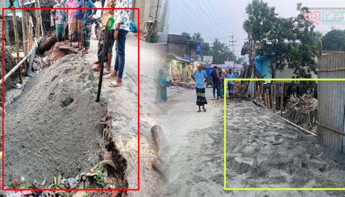 রাস্তা ভেঙে পুকুরে, ভরাট করল সেচ্ছাসেবীরা