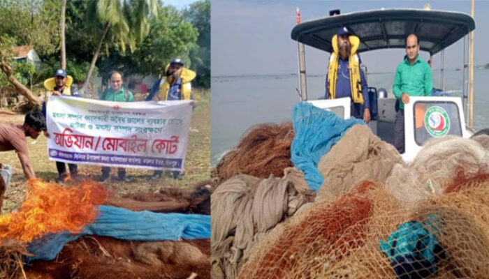 মতলব উত্তরে অবৈধ বেহুন্দি জাল জব্দ, পুড়িয়ে বিনষ্ট