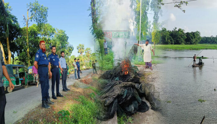 শাহরাস্তিতে চায়না দুয়ারি জাল জব্দ ও আগুনে পুড়িয়ে ধ্বংস