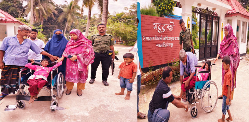 শাহরাস্তিতে ইউএনও’র মানবিক উদ্যোগে হুইল চেয়ার পেল প্রতিবন্ধী শিশু