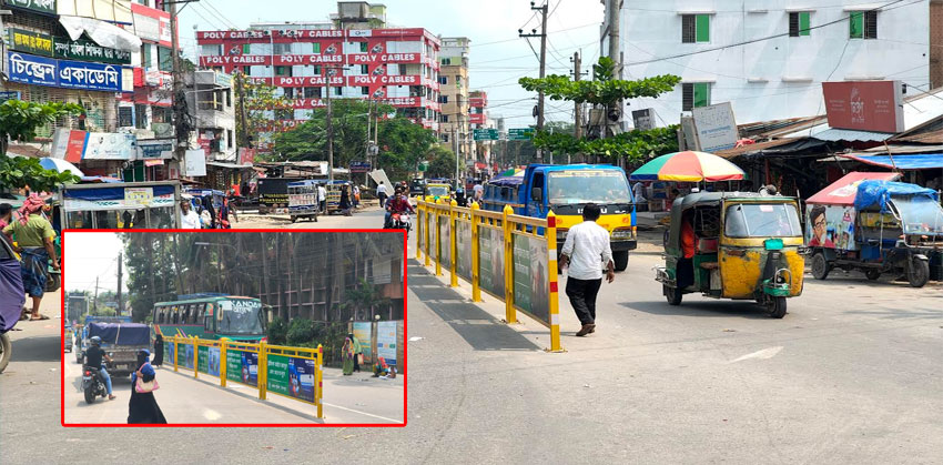 চাঁদপুর শহরের ওয়্যারলেস মোড়ে যানজট নিরসনে ডিভাইডার স্থাপন