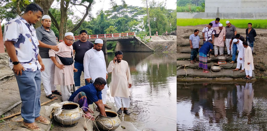 চাঁদপুরের ঘোষেরহাটে পুনঃখননকৃত বিশ্বখালে মাছের পোনা অবমুক্ত